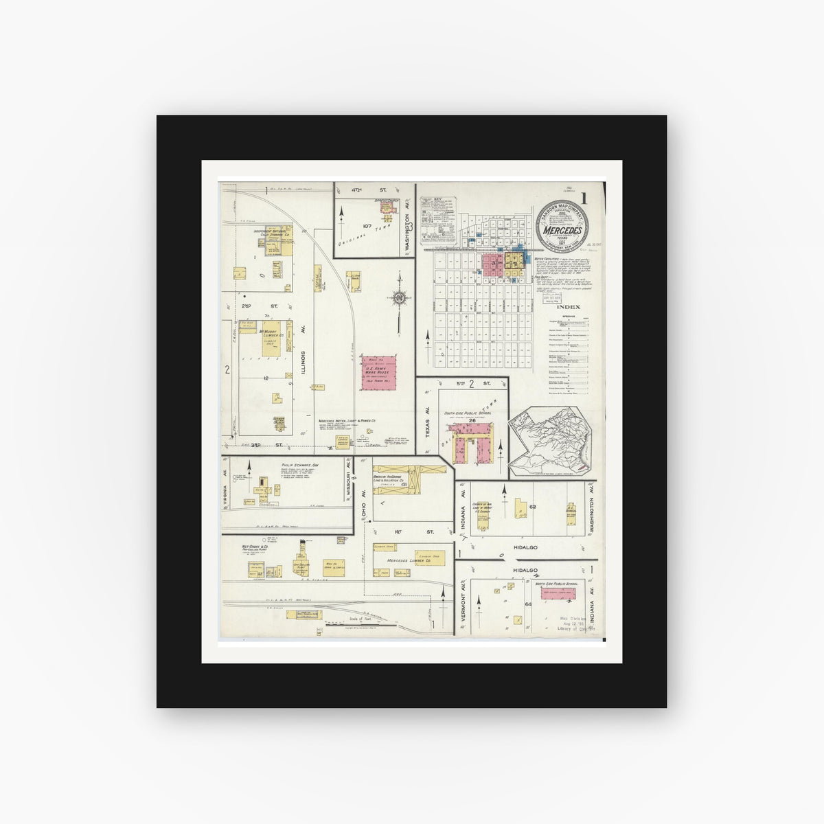 Old map wall art mockup — black gallery frame with white mat — Sanborn Fire Insurance Map from Mercedes, Hidalgo County, Texas (1917) - Complete Map Set