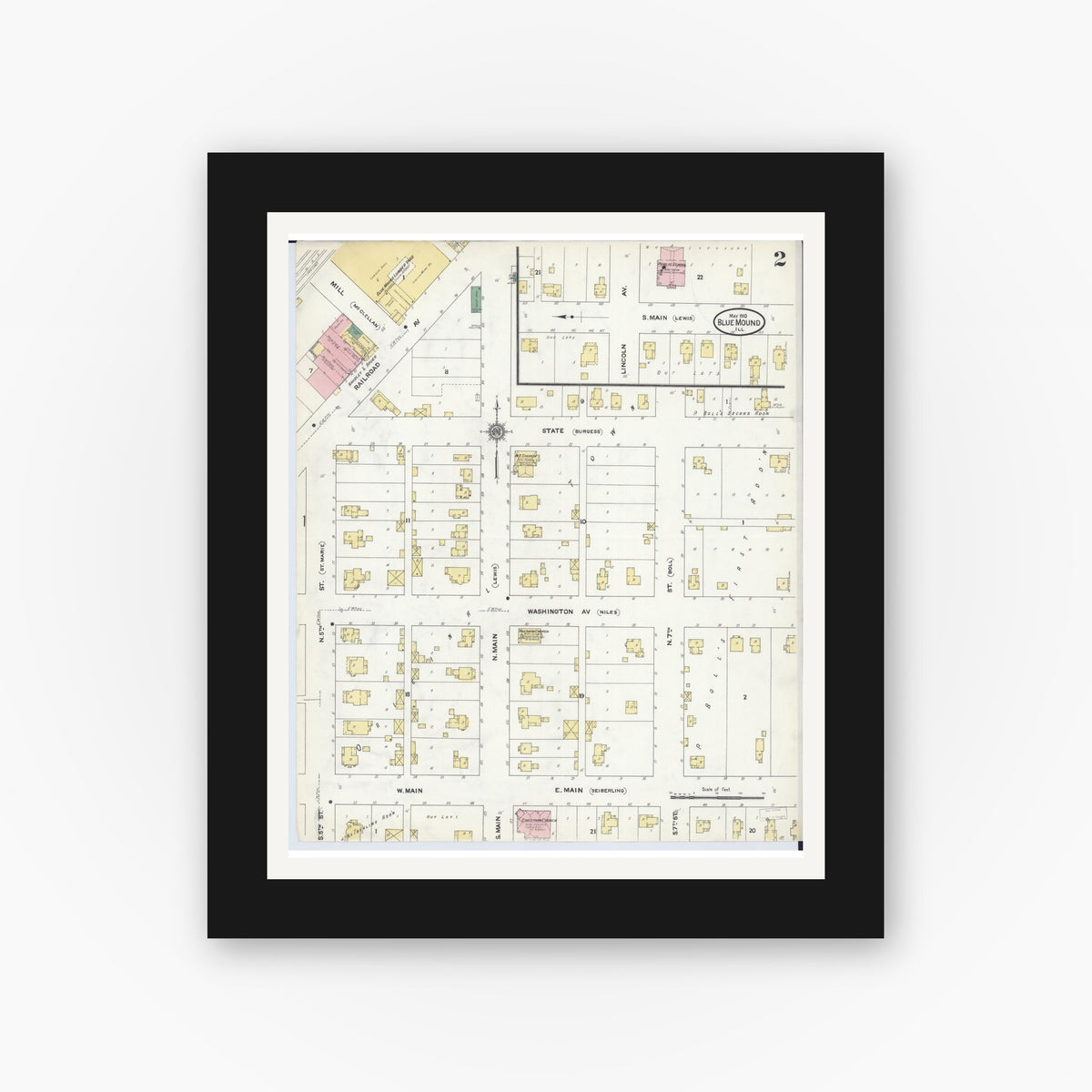 Old map wall art mockup — black gallery frame with white mat — Sanborn Fire Insurance Map from Blue Mound, Macon County, Illinois (1910), Sheet #0002