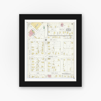 Old map wall art mockup — black gallery frame with white mat — Sanborn Fire Insurance Map from Blue Mound, Macon County, Illinois (1910), Sheet #0002