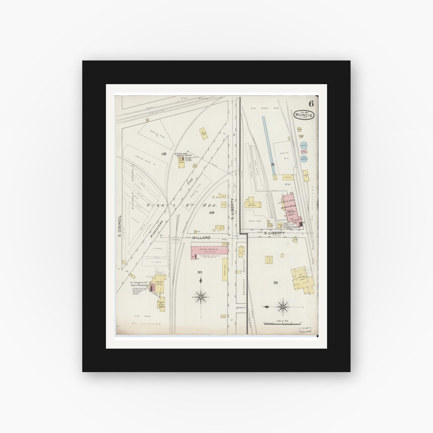 Old map wall art mockup — black gallery frame with white mat — Sanborn Fire Insurance Map from Muncie, Delaware County, Indiana (1887), Sheet #0006