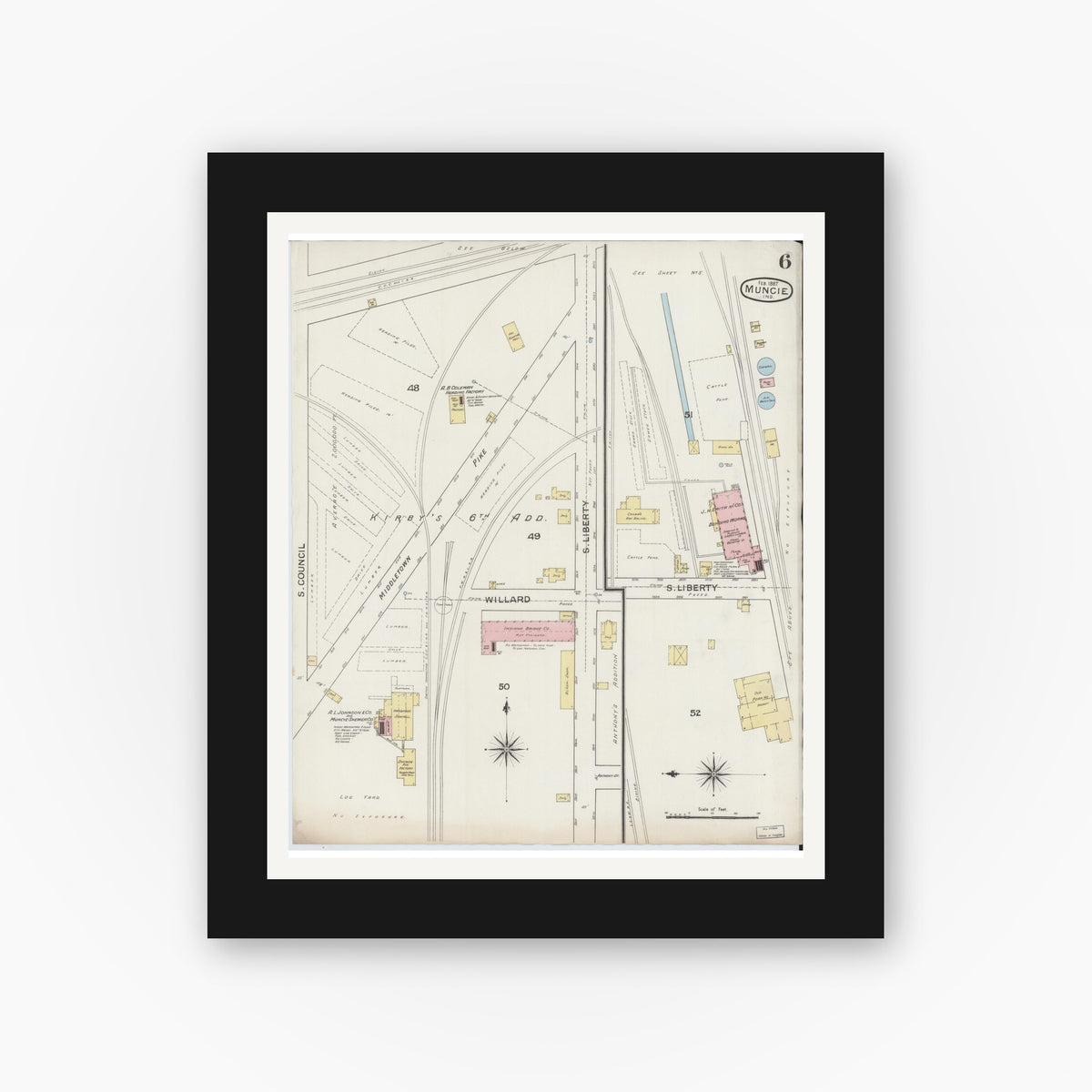 Old map wall art mockup — black gallery frame with white mat — Sanborn Fire Insurance Map from Muncie, Delaware County, Indiana (1887), Sheet #0006