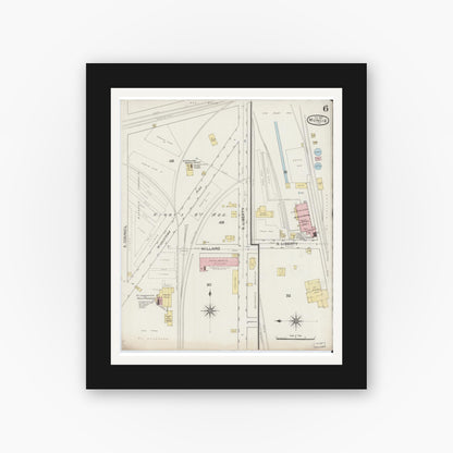 Old map wall art mockup — black gallery frame with white mat — Sanborn Fire Insurance Map from Muncie, Delaware County, Indiana (1887), Sheet #0006