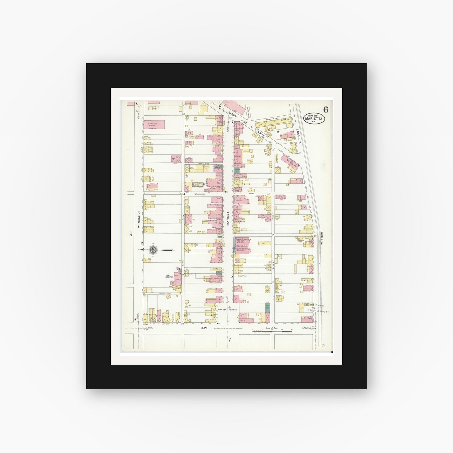 Old map wall art mockup — black gallery frame with white mat — Sanborn Fire Insurance Map from Marietta, Lancaster County, Pennsylvania (1909), Sheet #0006
