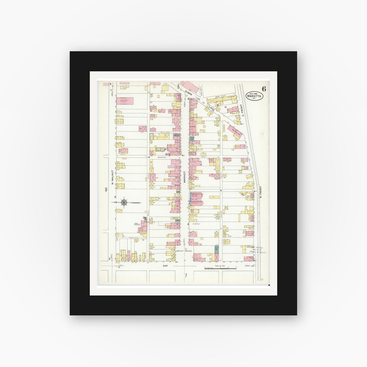Old map wall art mockup — black gallery frame with white mat — Sanborn Fire Insurance Map from Marietta, Lancaster County, Pennsylvania (1909), Sheet #0006