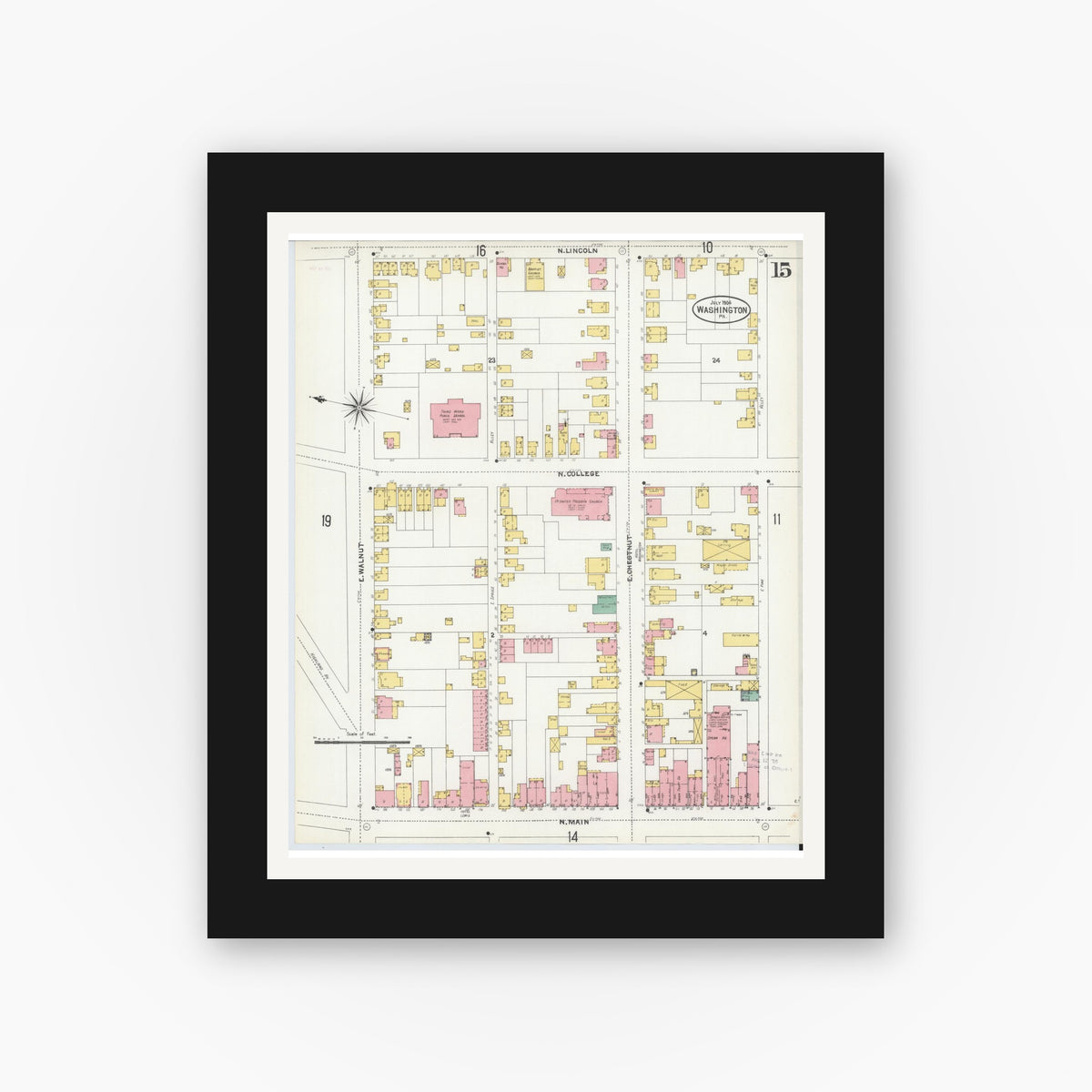 Old map wall art mockup — black gallery frame with white mat — Sanborn Fire Insurance Map from Washington, Washington County, Pennsylvania (1904), Sheet #0015