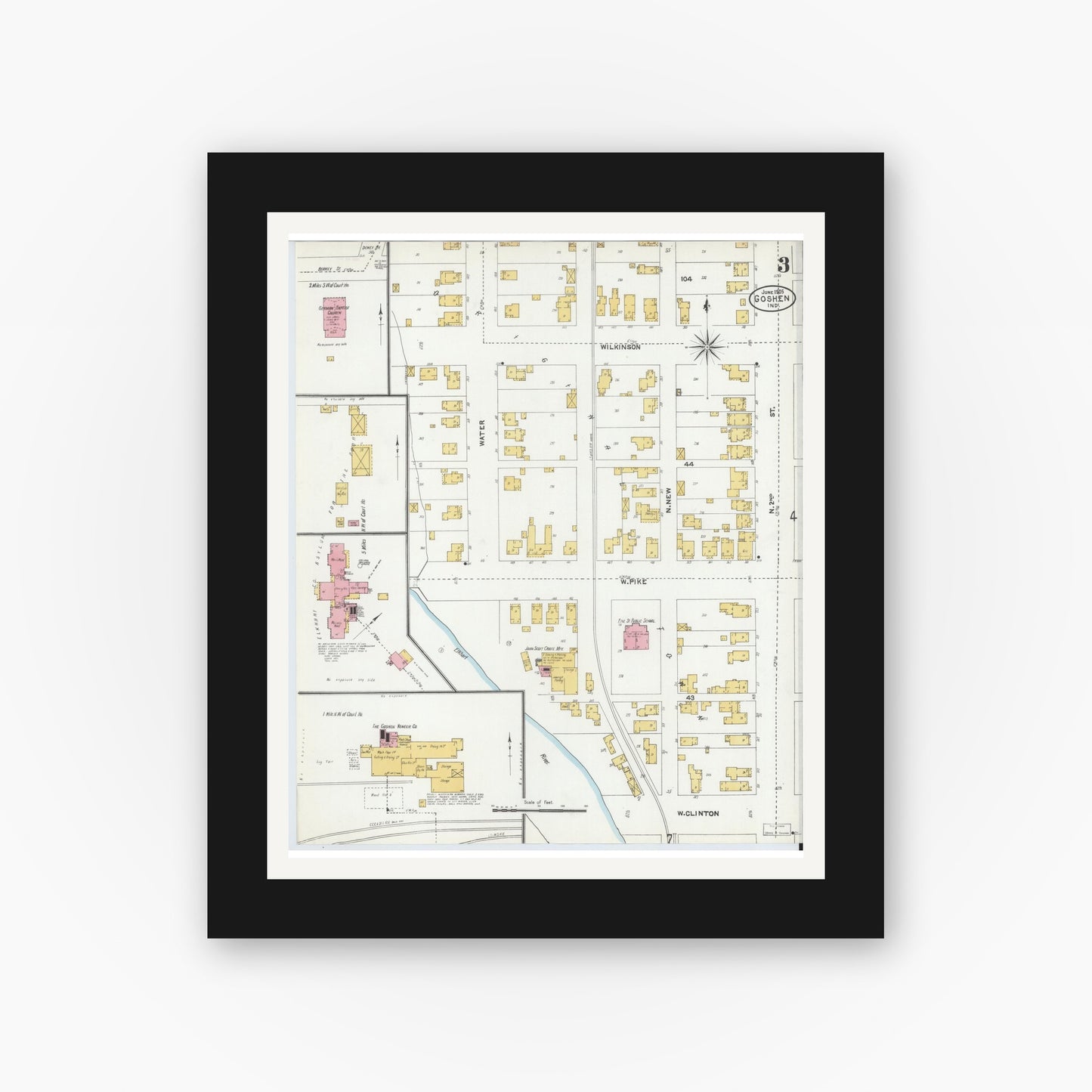 Old map wall art mockup — black gallery frame with white mat — Sanborn Fire Insurance Map from Goshen, Elkhart County, Indiana (1905), Sheet #0003