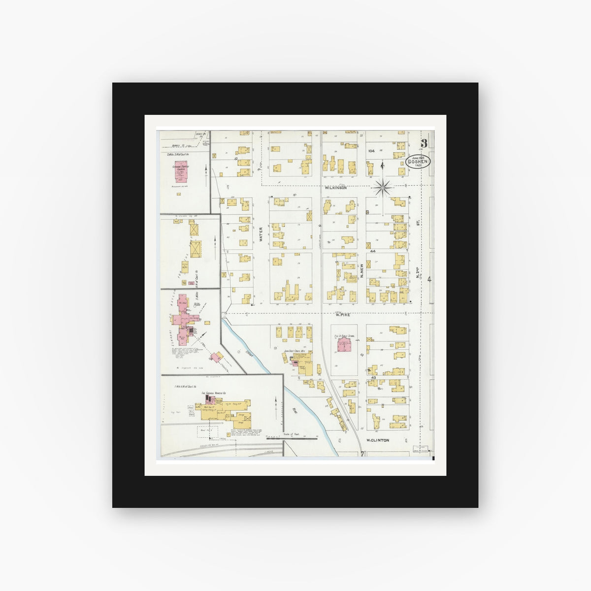 Old map wall art mockup — black gallery frame with white mat — Sanborn Fire Insurance Map from Goshen, Elkhart County, Indiana (1905), Sheet #0003