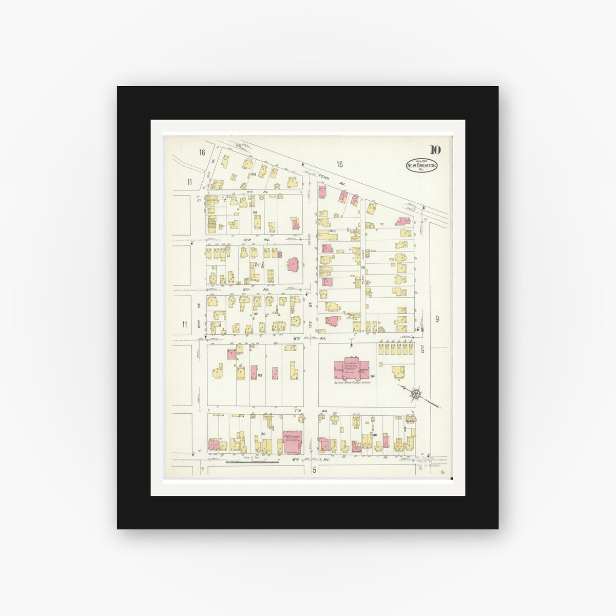 Old map wall art mockup — black gallery frame with white mat — Sanborn Fire Insurance Map from New Brighton, Beaver County, Pennsylvania (1913), Sheet #0010