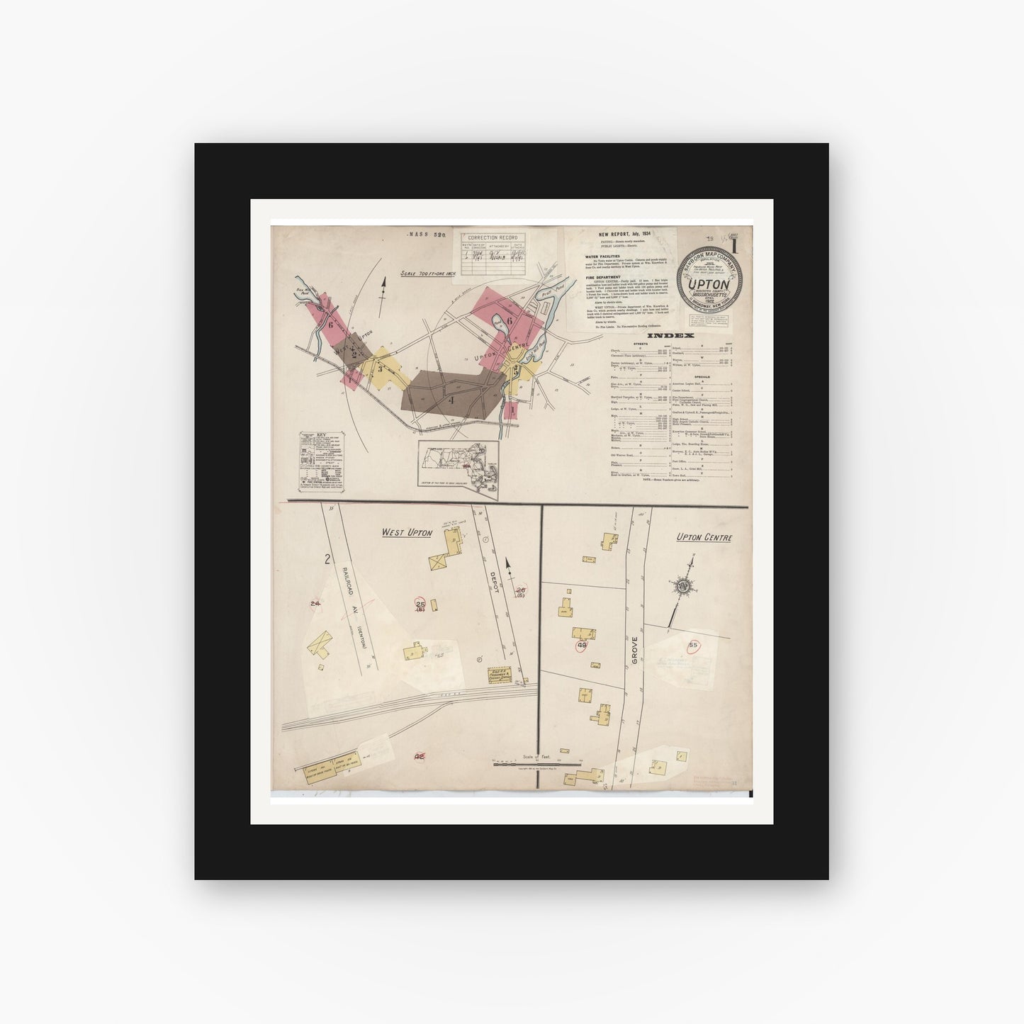 Old map wall art mockup — black gallery frame with white mat — Sanborn Fire Insurance Map from Upton, Worcester County, Massachusetts (1945), Sheet #0001