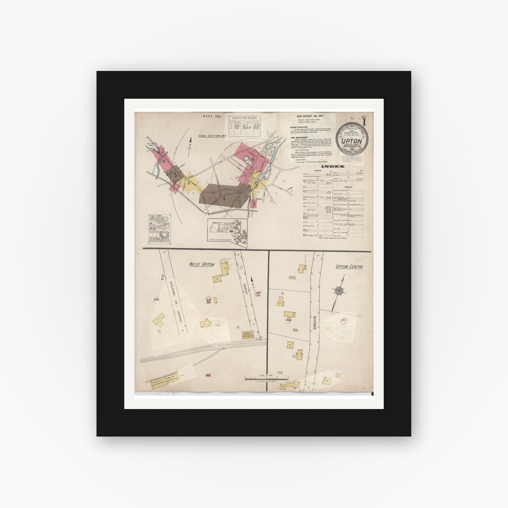 Old map wall art mockup — black gallery frame with white mat — Sanborn Fire Insurance Map from Upton, Worcester County, Massachusetts (1945), Sheet #0001