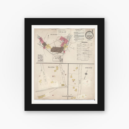 Old map wall art mockup — black gallery frame with white mat — Sanborn Fire Insurance Map from Upton, Worcester County, Massachusetts (1945), Sheet #0001