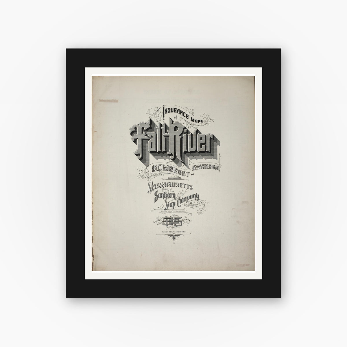Old map wall art mockup — black gallery frame with white mat — Sanborn Fire Insurance Map from Fall River, Bristol County, Massachusetts (1905), Sheet #0001