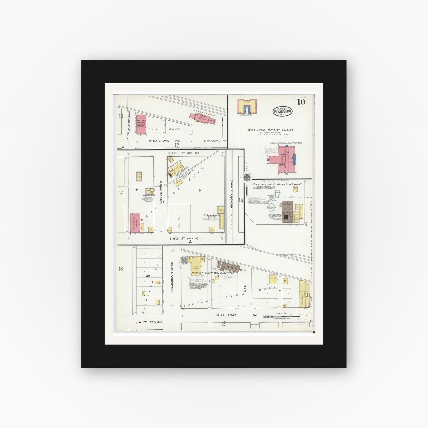 Old map wall art mockup — black gallery frame with white mat — Sanborn Fire Insurance Map from Plainview, Hale County, Texas (1921), Sheet #0010