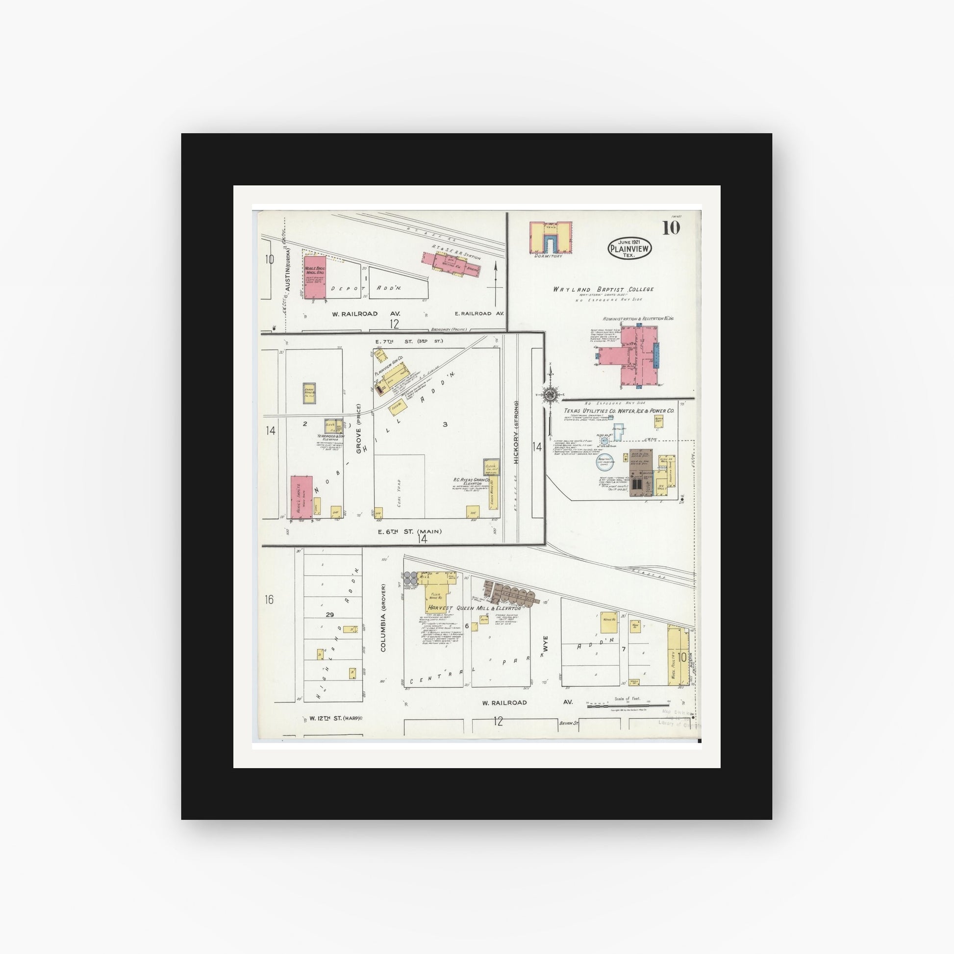 Old map wall art mockup — black gallery frame with white mat — Sanborn Fire Insurance Map from Plainview, Hale County, Texas (1921), Sheet #0010