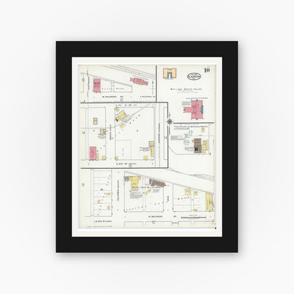 Old map wall art mockup — black gallery frame with white mat — Sanborn Fire Insurance Map from Plainview, Hale County, Texas (1921), Sheet #0010