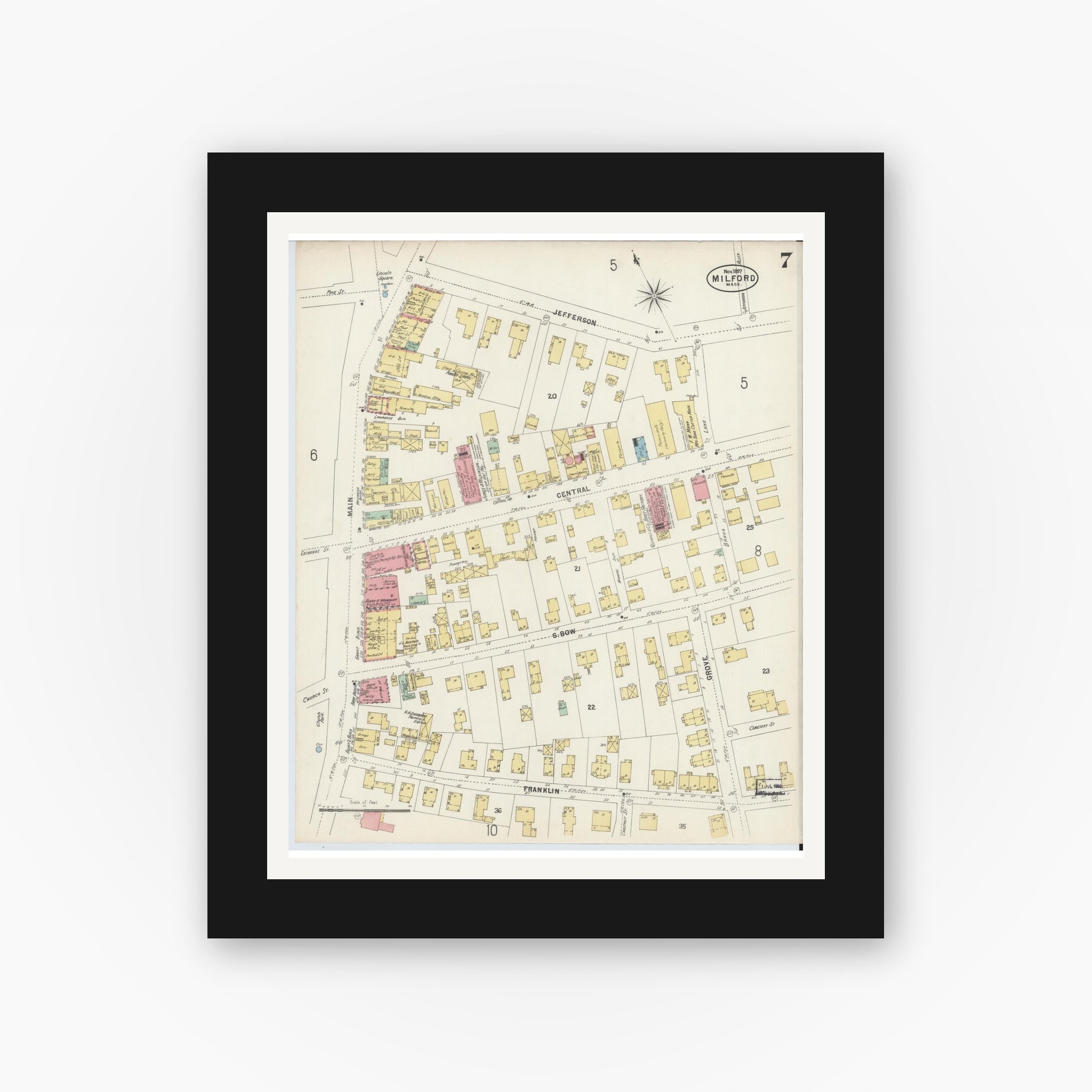 Old map wall art mockup — black gallery frame with white mat — Sanborn Fire Insurance Map from Milford, Worcester County, Massachusetts (1897), Sheet #0007