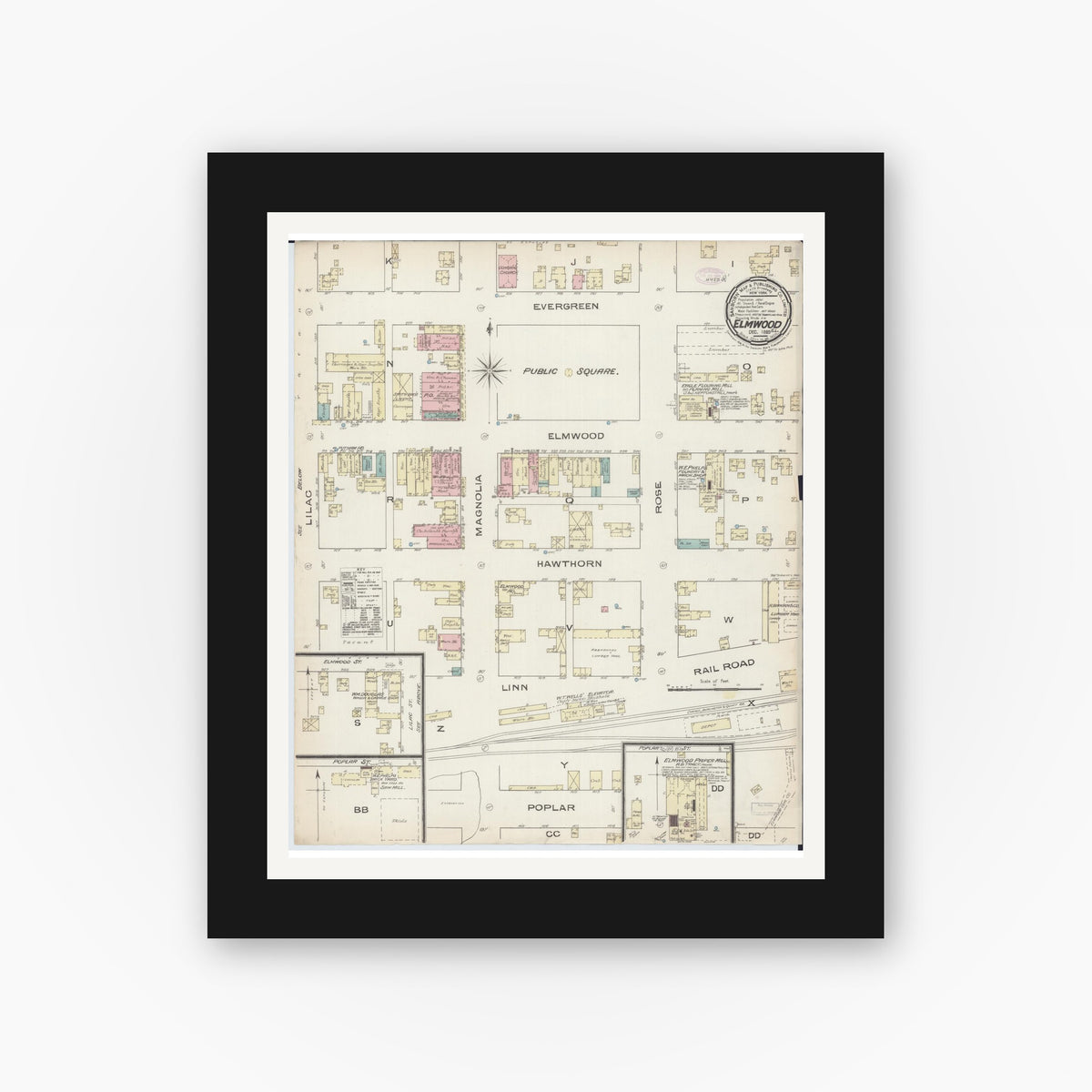 Old map wall art mockup — black gallery frame with white mat — Sanborn Fire Insurance Map from Elmwood, Peoria County, Illinois (1885), Sheet #0001