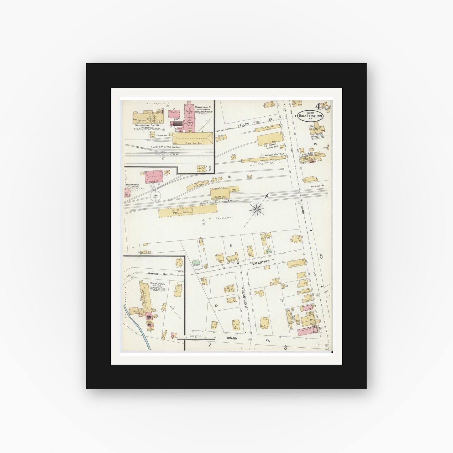 Old map wall art mockup — black gallery frame with white mat — Sanborn Fire Insurance Map from Hackettstown, Warren County, New Jersey (1897), Sheet #0004