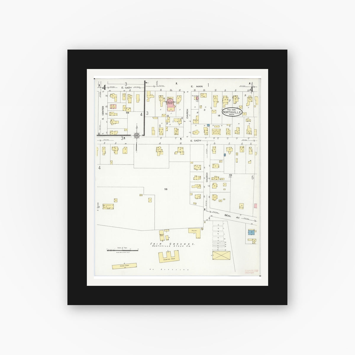 Old map wall art mockup — black gallery frame with white mat — Sanborn Fire Insurance Map from Northville, Wayne County, Michigan (1926), Sheet #0004