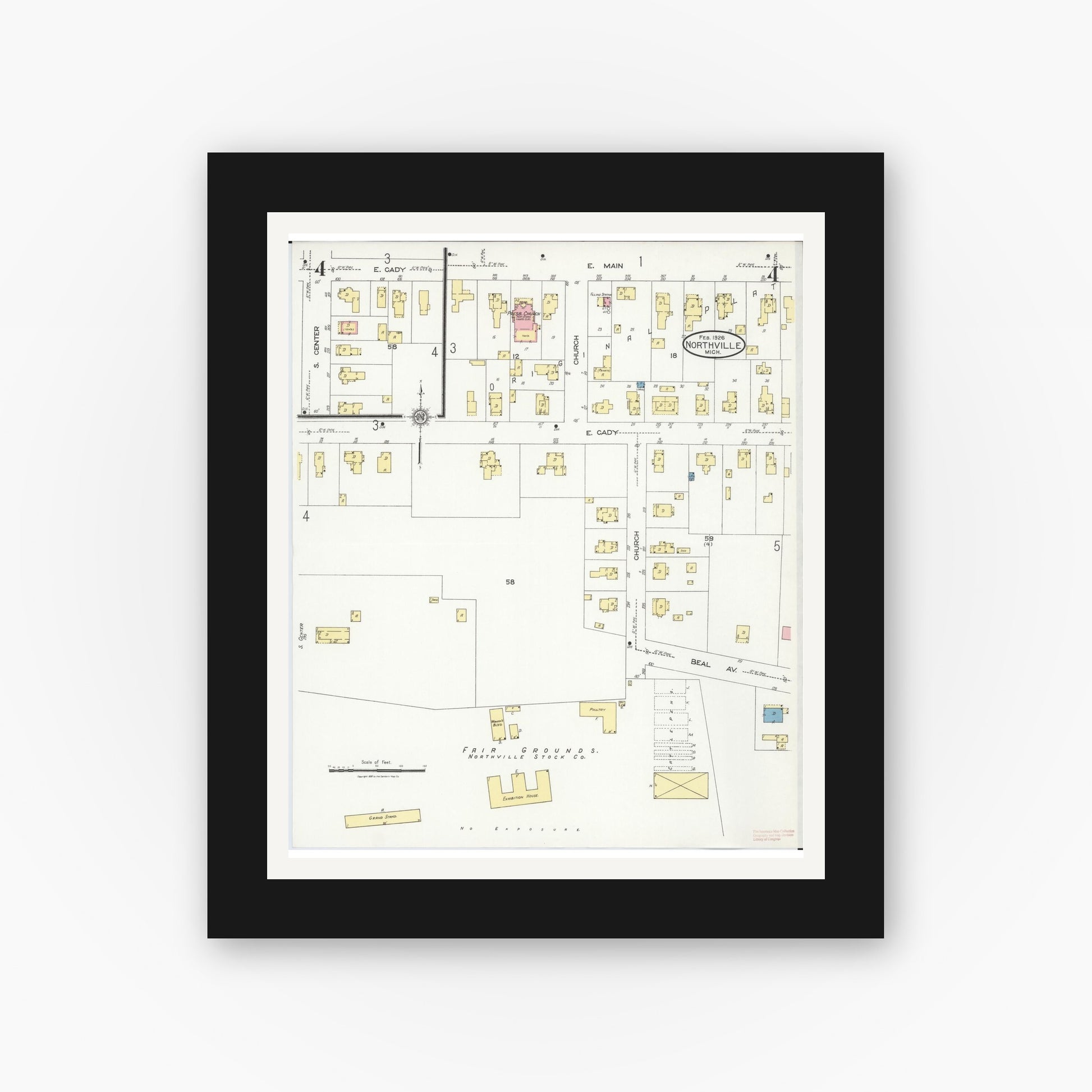 Old map wall art mockup — black gallery frame with white mat — Sanborn Fire Insurance Map from Northville, Wayne County, Michigan (1926), Sheet #0004