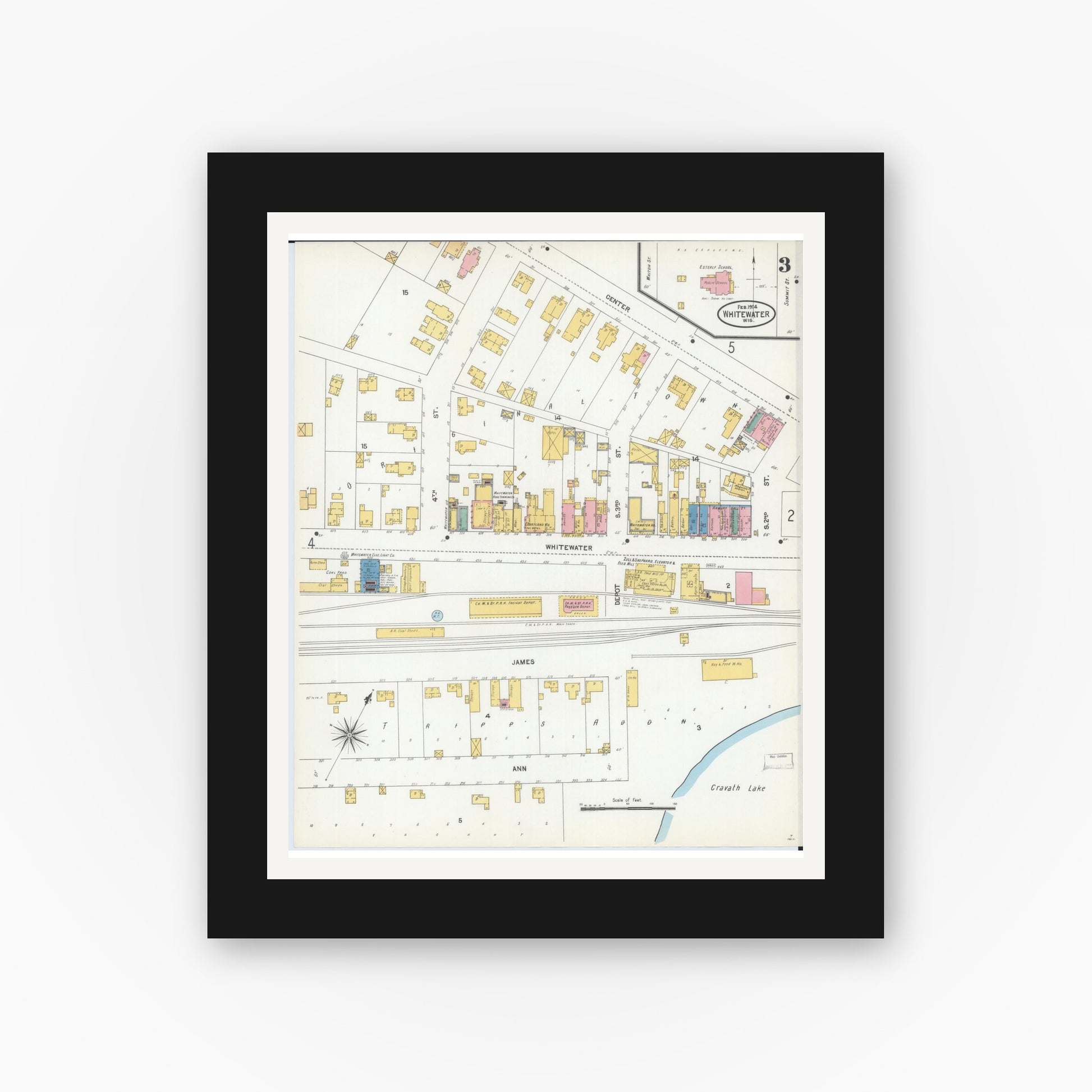 Old map wall art mockup — black gallery frame with white mat — Sanborn Fire Insurance Map from Whitewater, Walworth County, Wisconsin (1904), Sheet #0003