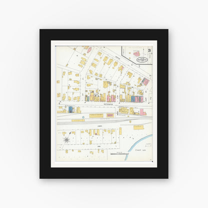 Old map wall art mockup — black gallery frame with white mat — Sanborn Fire Insurance Map from Whitewater, Walworth County, Wisconsin (1904), Sheet #0003