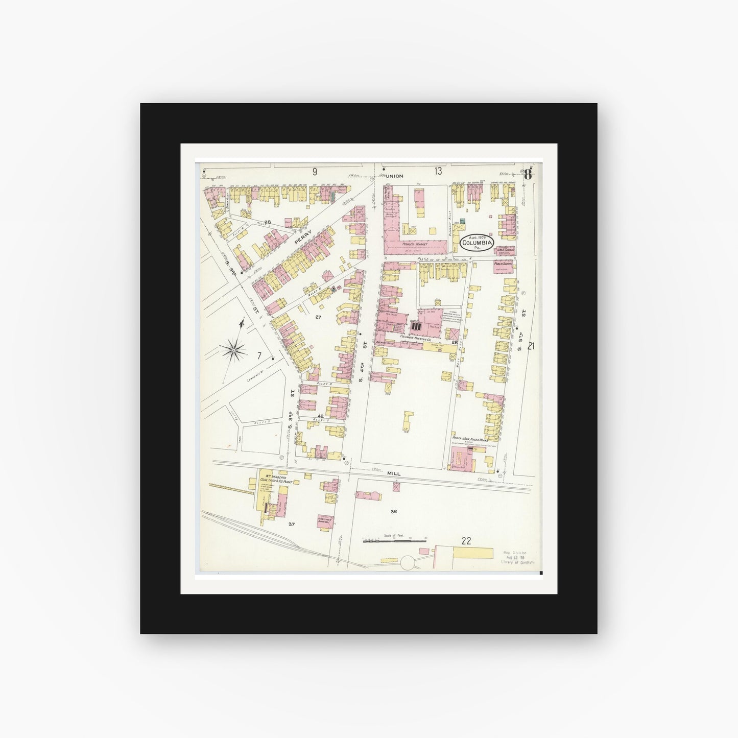 Old map wall art mockup — black gallery frame with white mat — Sanborn Fire Insurance Map from Columbia, Lancaster County, Pennsylvania (1909), Sheet #0008