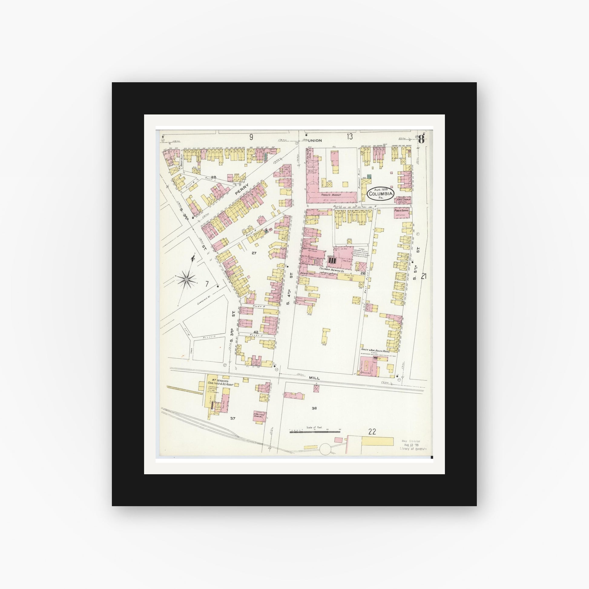 Old map wall art mockup — black gallery frame with white mat — Sanborn Fire Insurance Map from Columbia, Lancaster County, Pennsylvania (1909), Sheet #0008