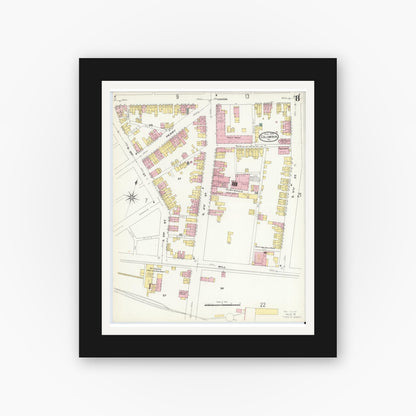 Old map wall art mockup — black gallery frame with white mat — Sanborn Fire Insurance Map from Columbia, Lancaster County, Pennsylvania (1909), Sheet #0008