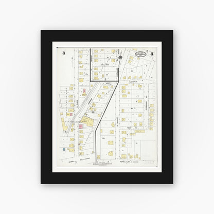 Old map wall art mockup — black gallery frame with white mat — Sanborn Fire Insurance Map from Saint Clairsville, Belmont County, Ohio (1924), Sheet #0008