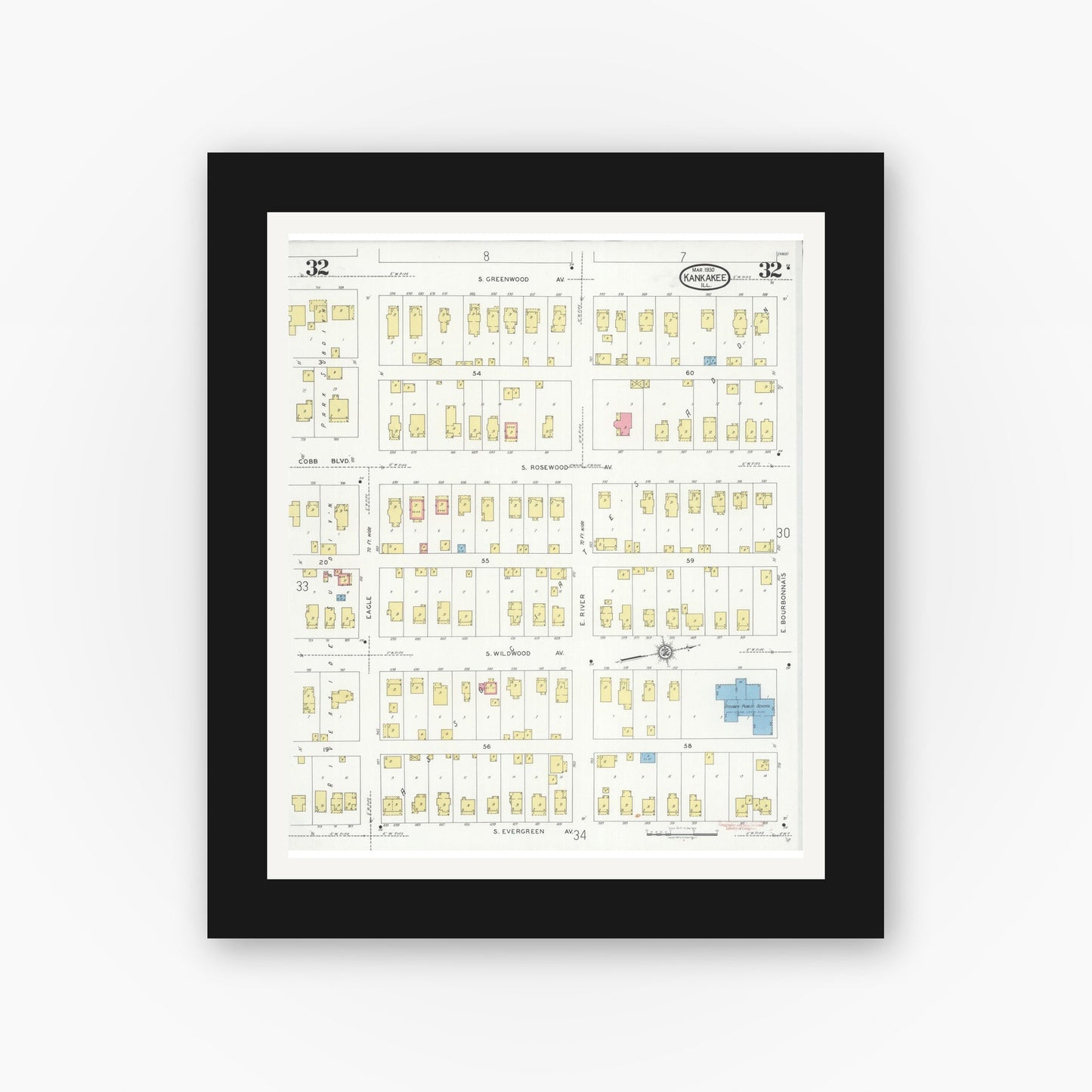 Old map wall art mockup — black gallery frame with white mat — Sanborn Fire Insurance Map from Kankakee, Kankakee County, Illinois (1930), Sheet #0032