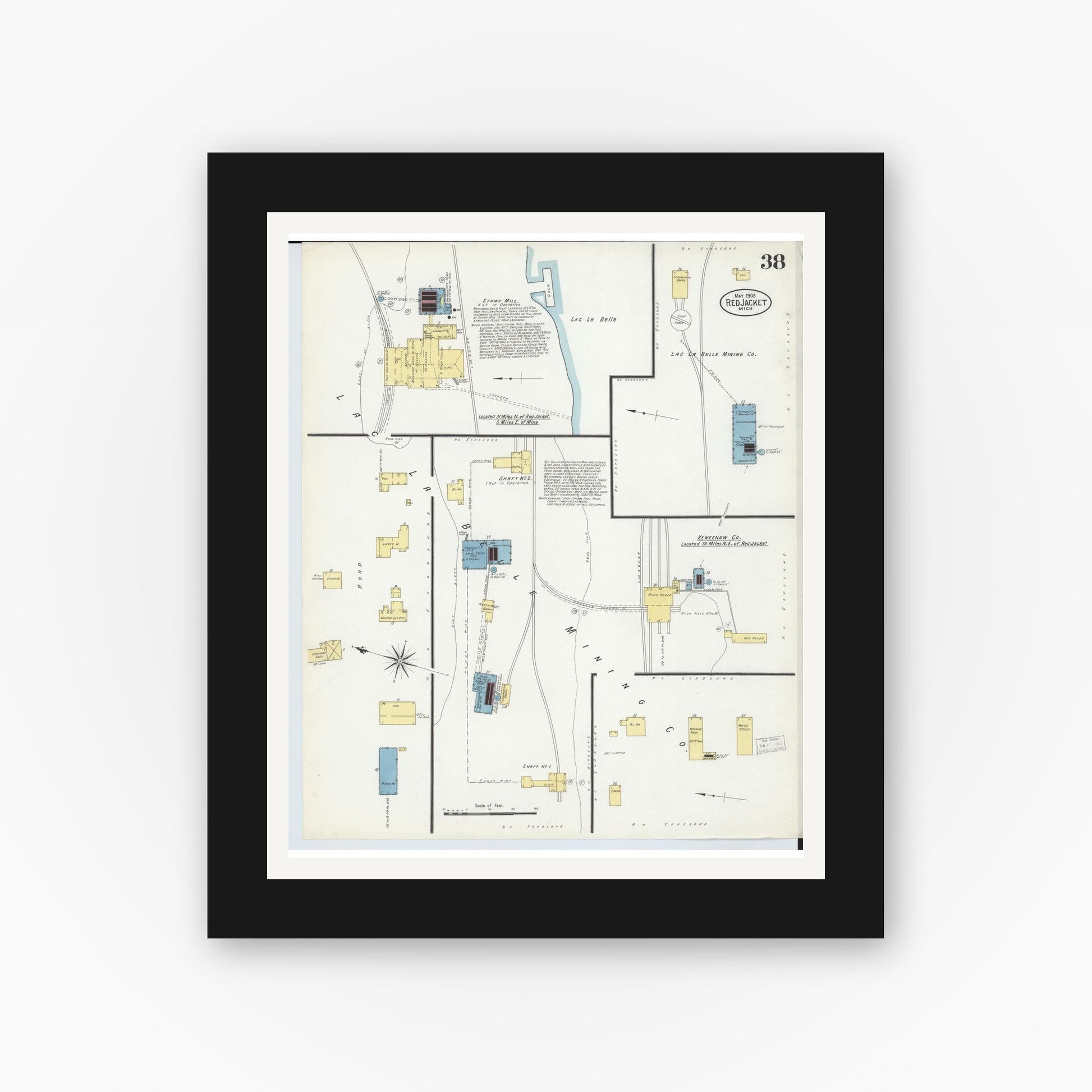 Old map wall art mockup — black gallery frame with white mat — Sanborn Fire Insurance Map from Red Jacket, Houghton County, Michigan (1908), Sheet #0038