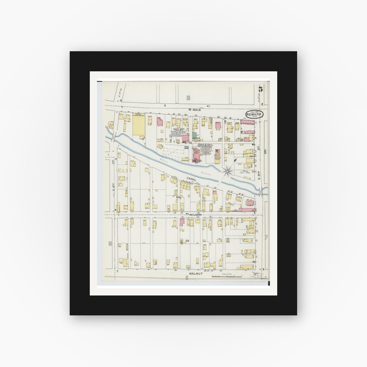 Old map wall art mockup — black gallery frame with white mat — Sanborn Fire Insurance Map from Newark, Licking County, Ohio (1893), Sheet #0005