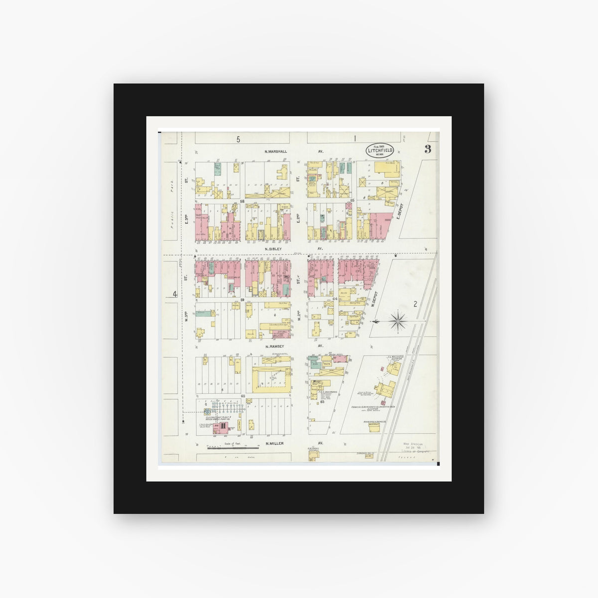 Old map wall art mockup — black gallery frame with white mat — Sanborn Fire Insurance Map from Litchfield, Meeker County, Minnesota (1903), Sheet #0003