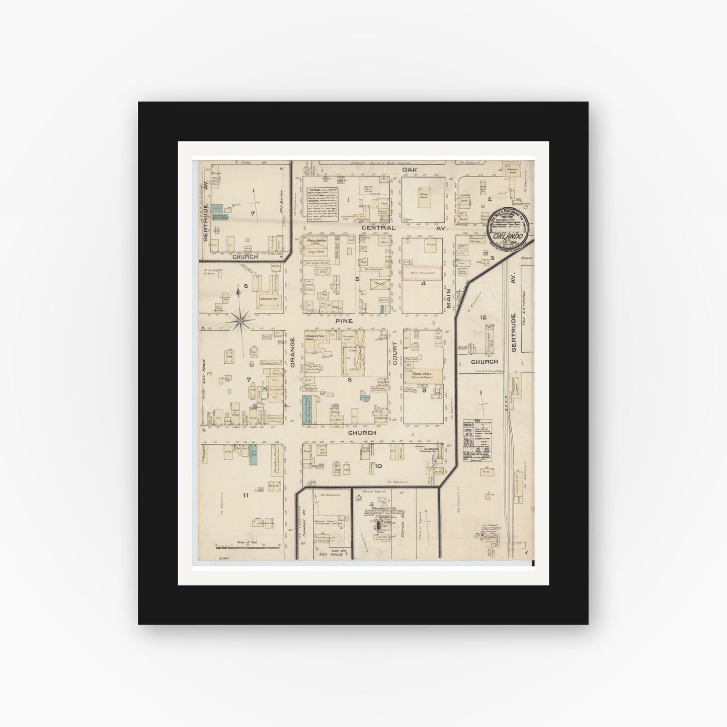 Old map wall art mockup — black gallery frame with white mat — Sanborn Fire Insurance Map from Orlando, Orange County, Florida (1884), Sheet #0001
