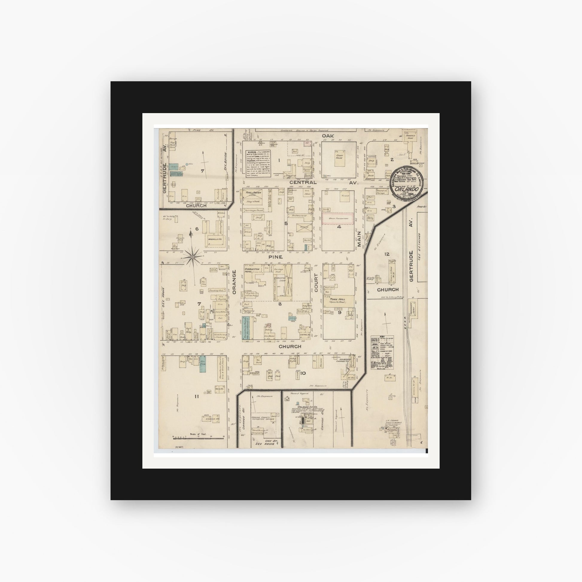 Old map wall art mockup — black gallery frame with white mat — Sanborn Fire Insurance Map from Orlando, Orange County, Florida (1884), Sheet #0001