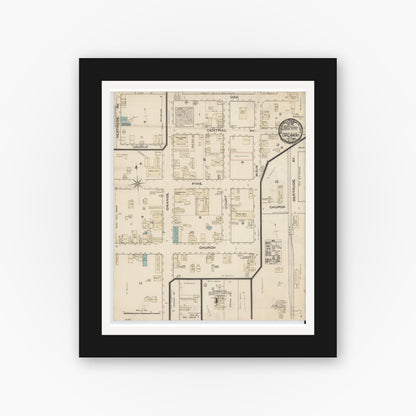 Old map wall art mockup — black gallery frame with white mat — Sanborn Fire Insurance Map from Orlando, Orange County, Florida (1884), Sheet #0001