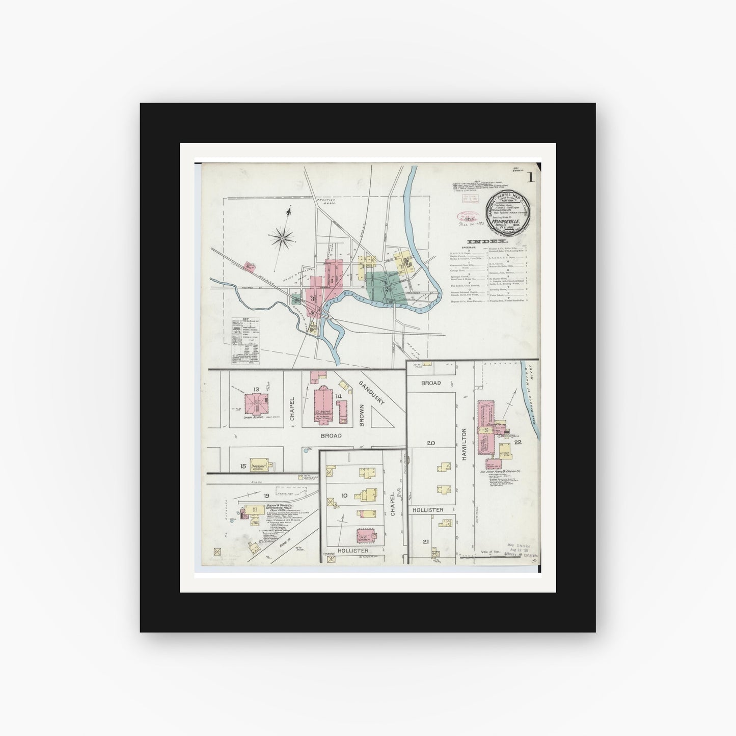 Old map wall art mockup — black gallery frame with white mat — Sanborn Fire Insurance Map from Monroeville, Huron County, Ohio (1893) - Complete Map Set