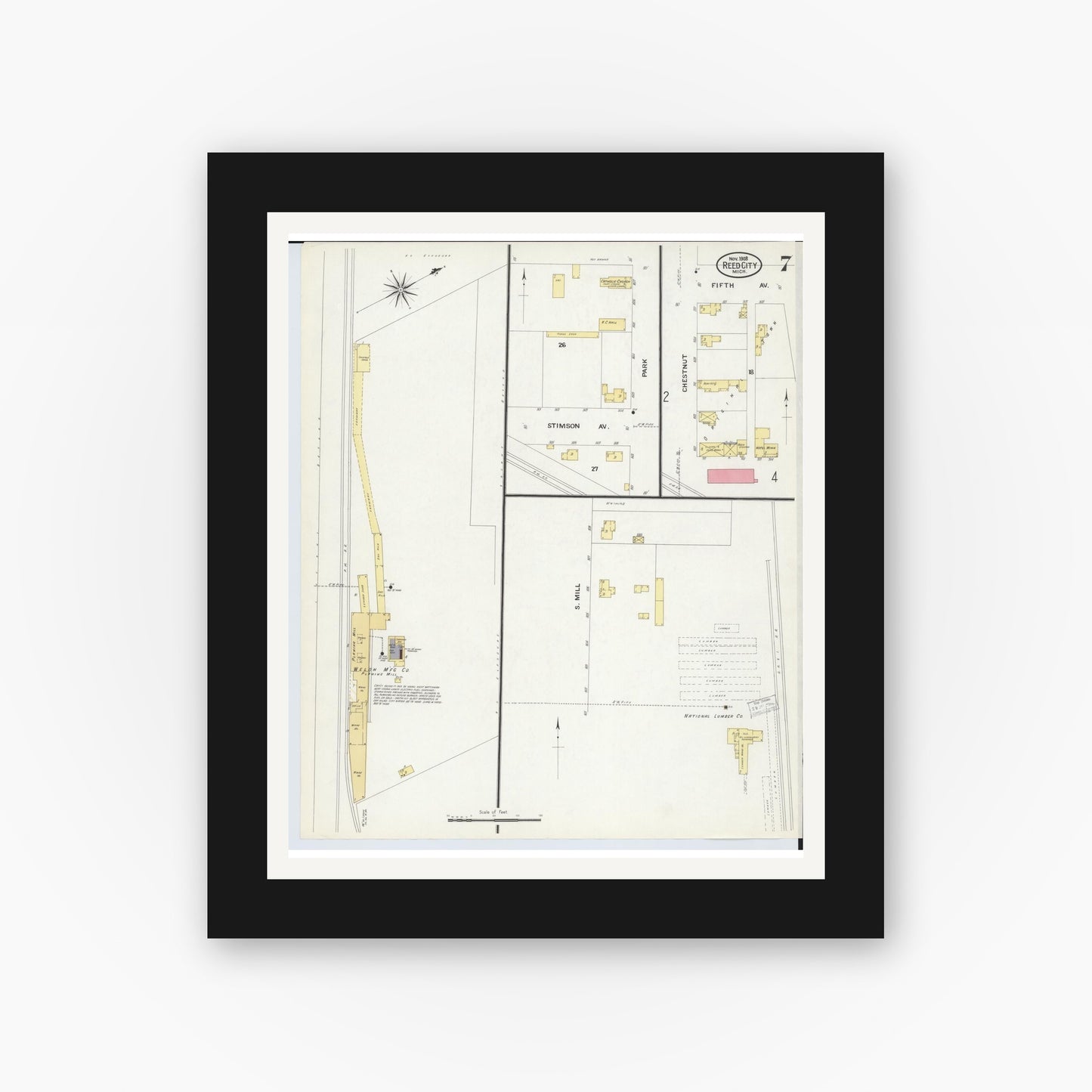 Old map wall art mockup — black gallery frame with white mat — Sanborn Fire Insurance Map from Reed City, Osceola County, Michigan (1908), Sheet #0007