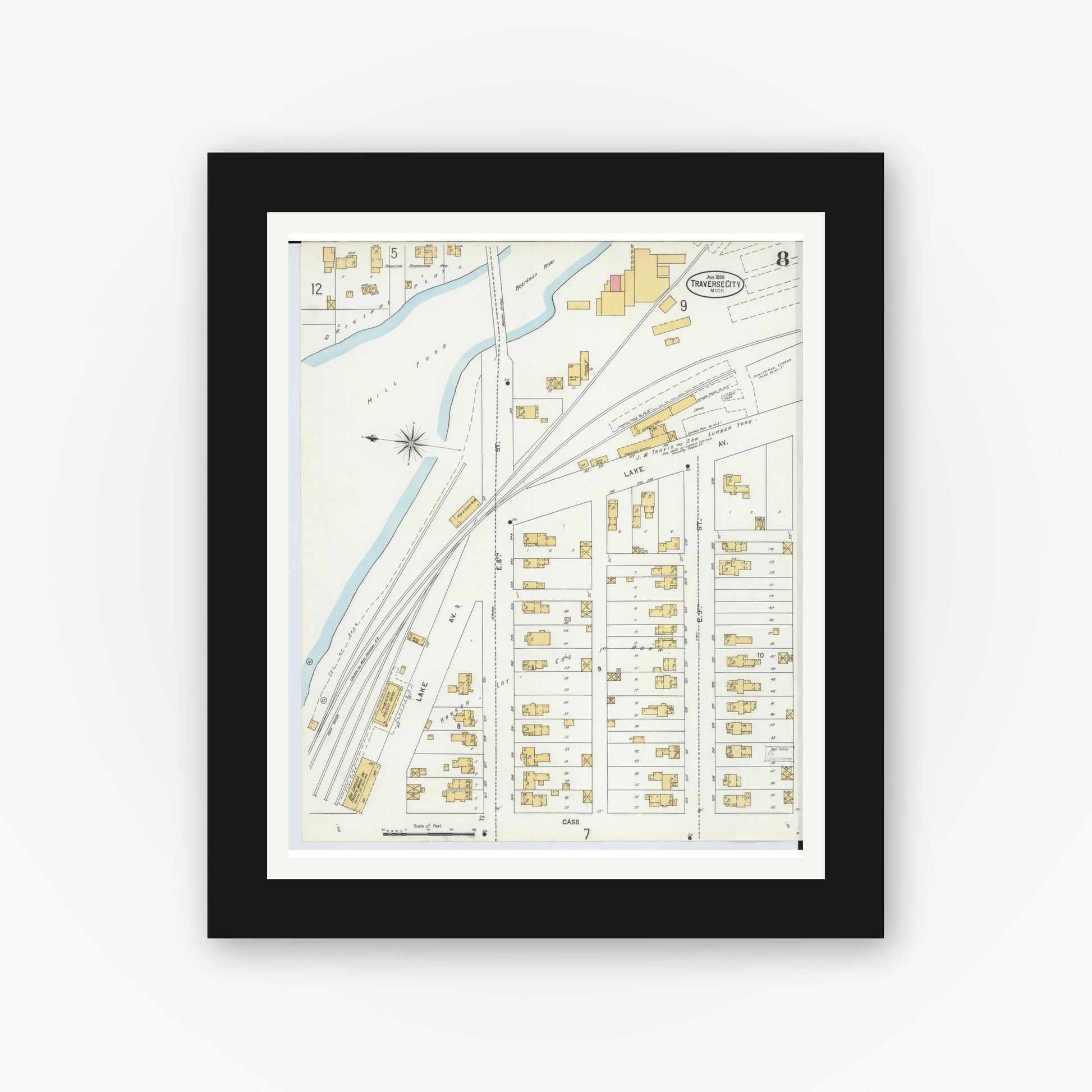 Old map wall art mockup — black gallery frame with white mat — Sanborn Fire Insurance Map from Traverse City, Grand Traverse County, Michigan (1899), Sheet #0008