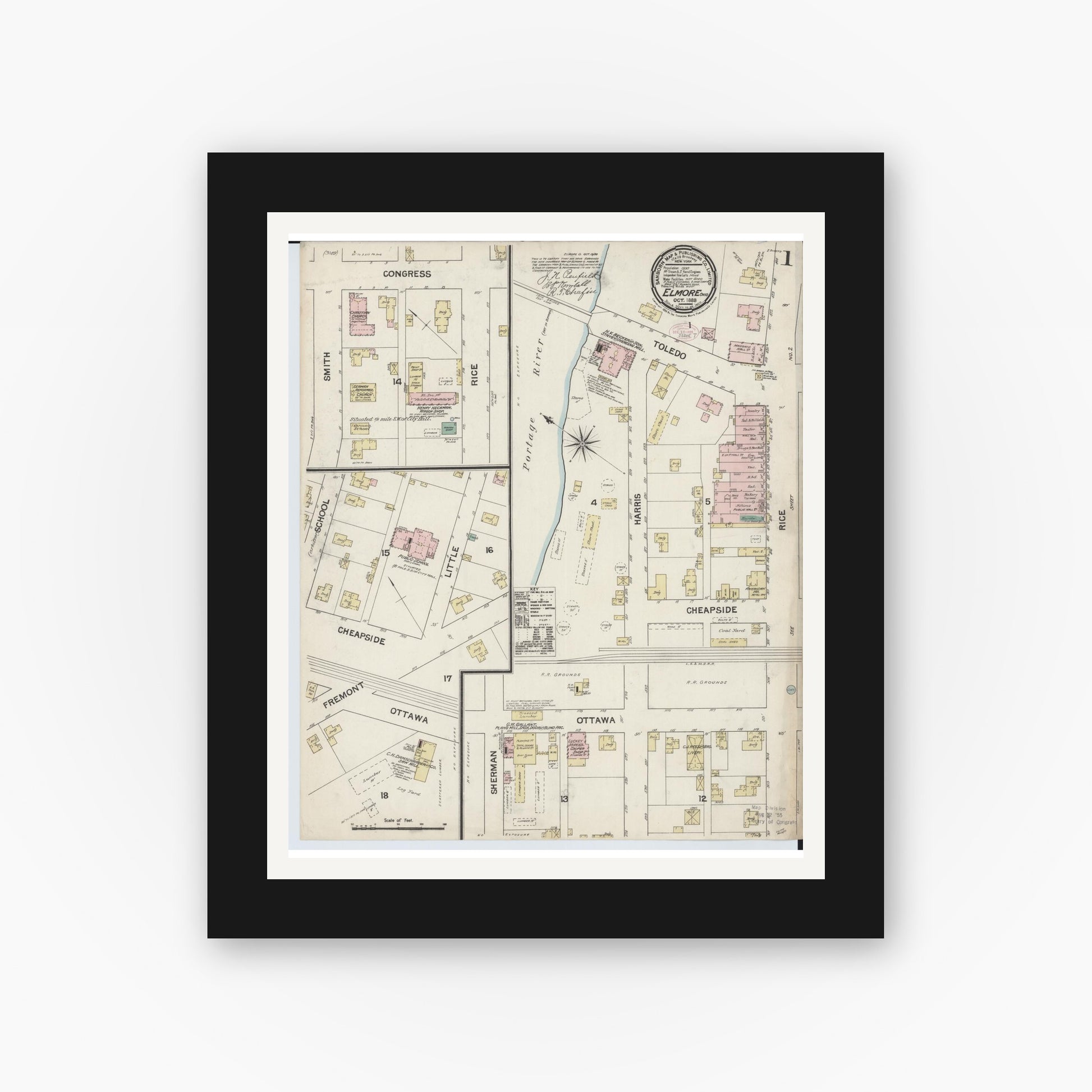 Old map wall art mockup — black gallery frame with white mat — Sanborn Fire Insurance Map from Elmore, Ottawa County, Ohio (1888) - Complete Map Set