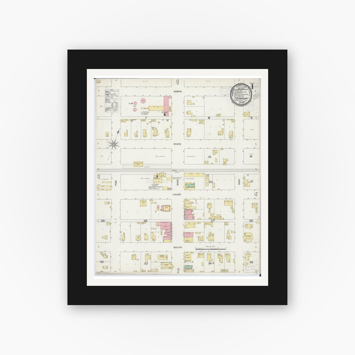 Old map wall art mockup — black gallery frame with white mat — Sanborn Fire Insurance Map from Fairmount, Vermilion County, Illinois (1898), Sheet #0001
