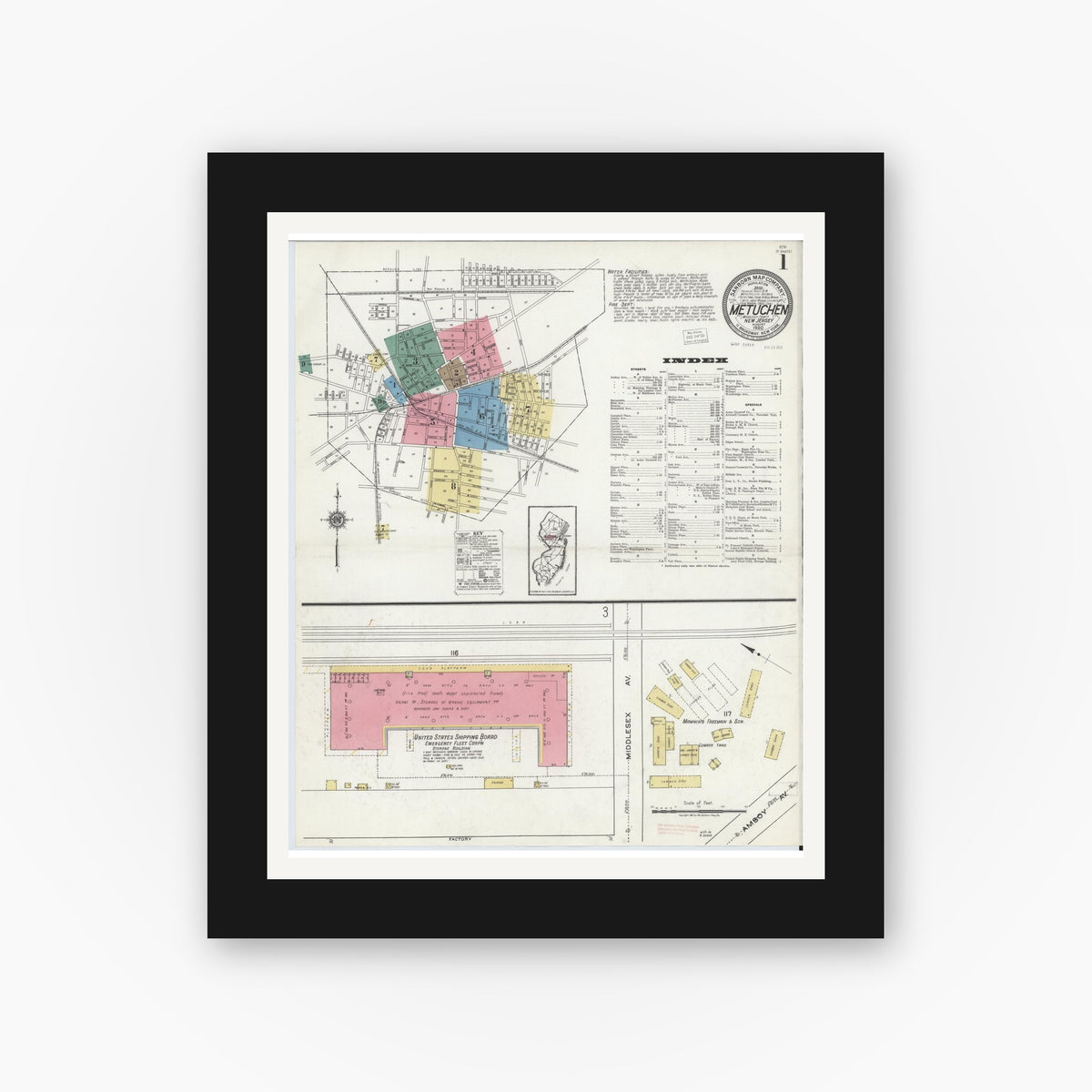 Old map wall art mockup — black gallery frame with white mat — Sanborn Fire Insurance Map from Metuchen, Middlesex County, New Jersey (1920) - Complete Map Set