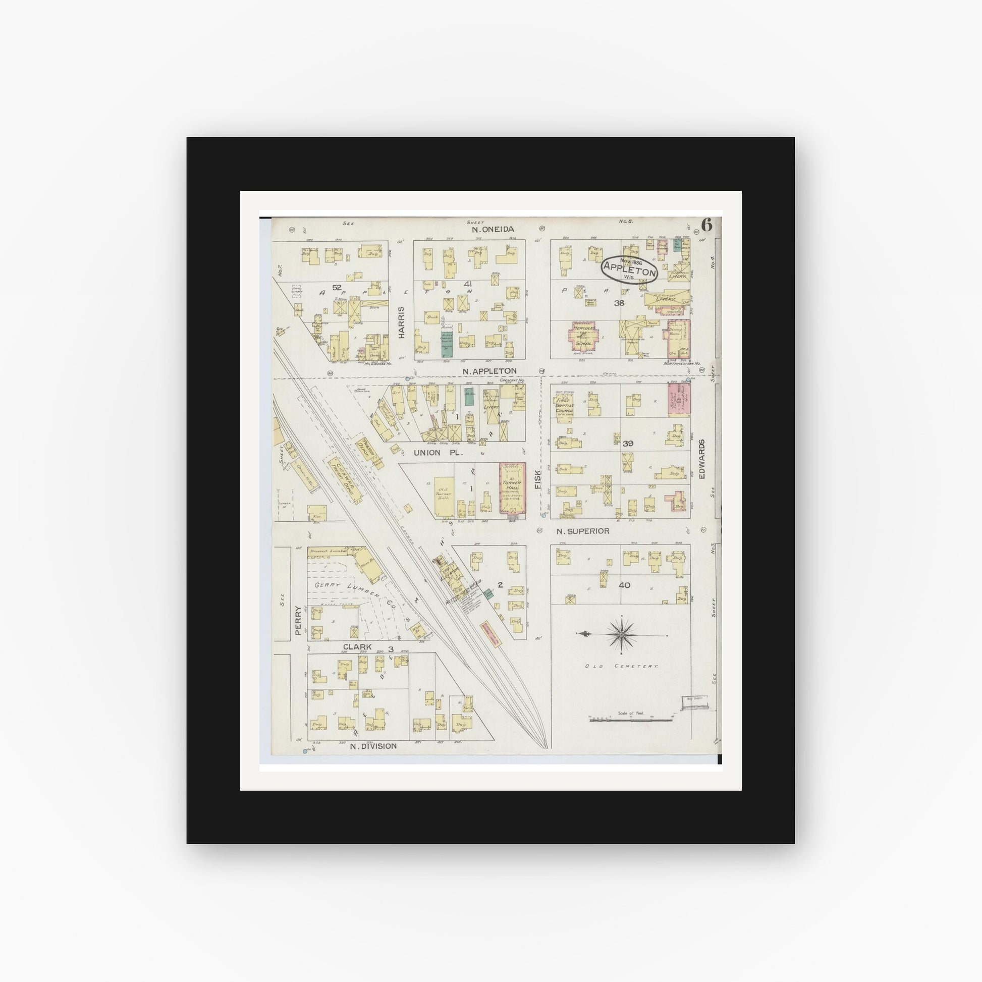 Old map wall art mockup — black gallery frame with white mat — Sanborn Fire Insurance Map from Appleton, Outagamie County, Wisconsin (1886), Sheet #0006