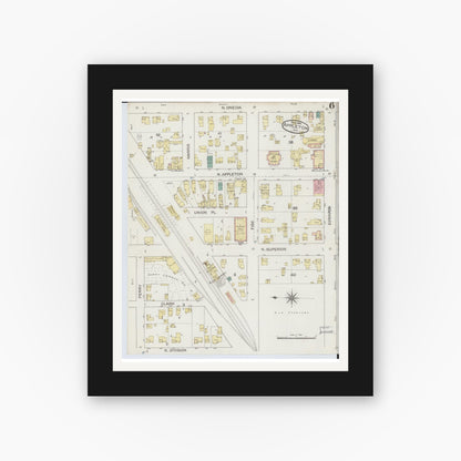 Old map wall art mockup — black gallery frame with white mat — Sanborn Fire Insurance Map from Appleton, Outagamie County, Wisconsin (1886), Sheet #0006