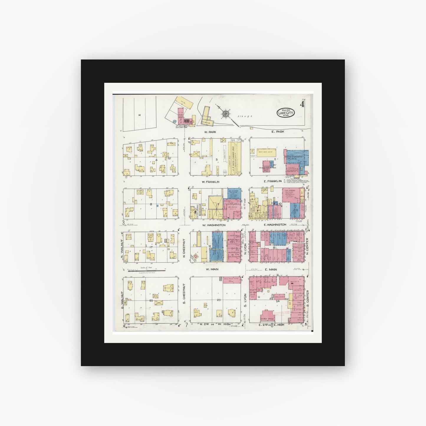 Old map wall art mockup — black gallery frame with white mat — Sanborn Fire Insurance Map from Lake City, Wabasha County, Minnesota (1921), Sheet #0004