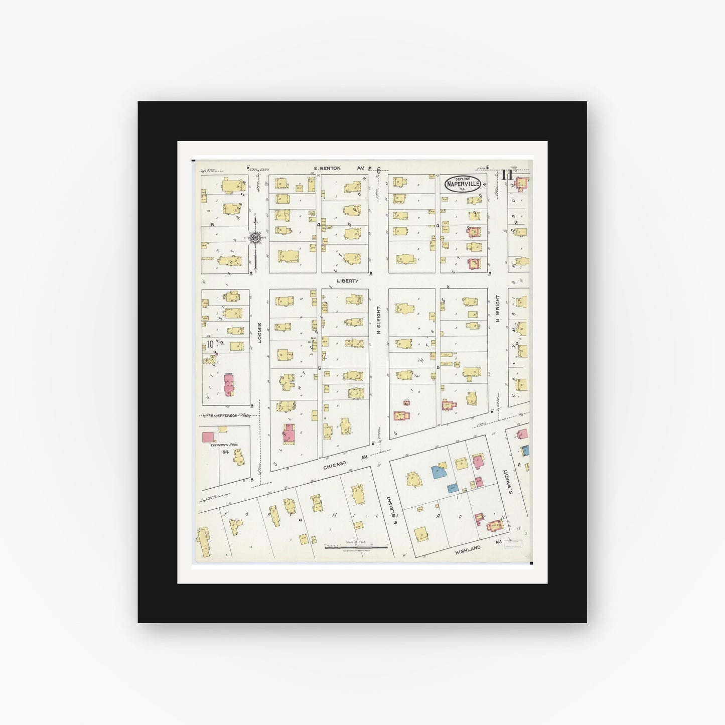 Old map wall art mockup — black gallery frame with white mat — Sanborn Fire Insurance Map from Naperville, Du Page County, Illinois (1921), Sheet #0011