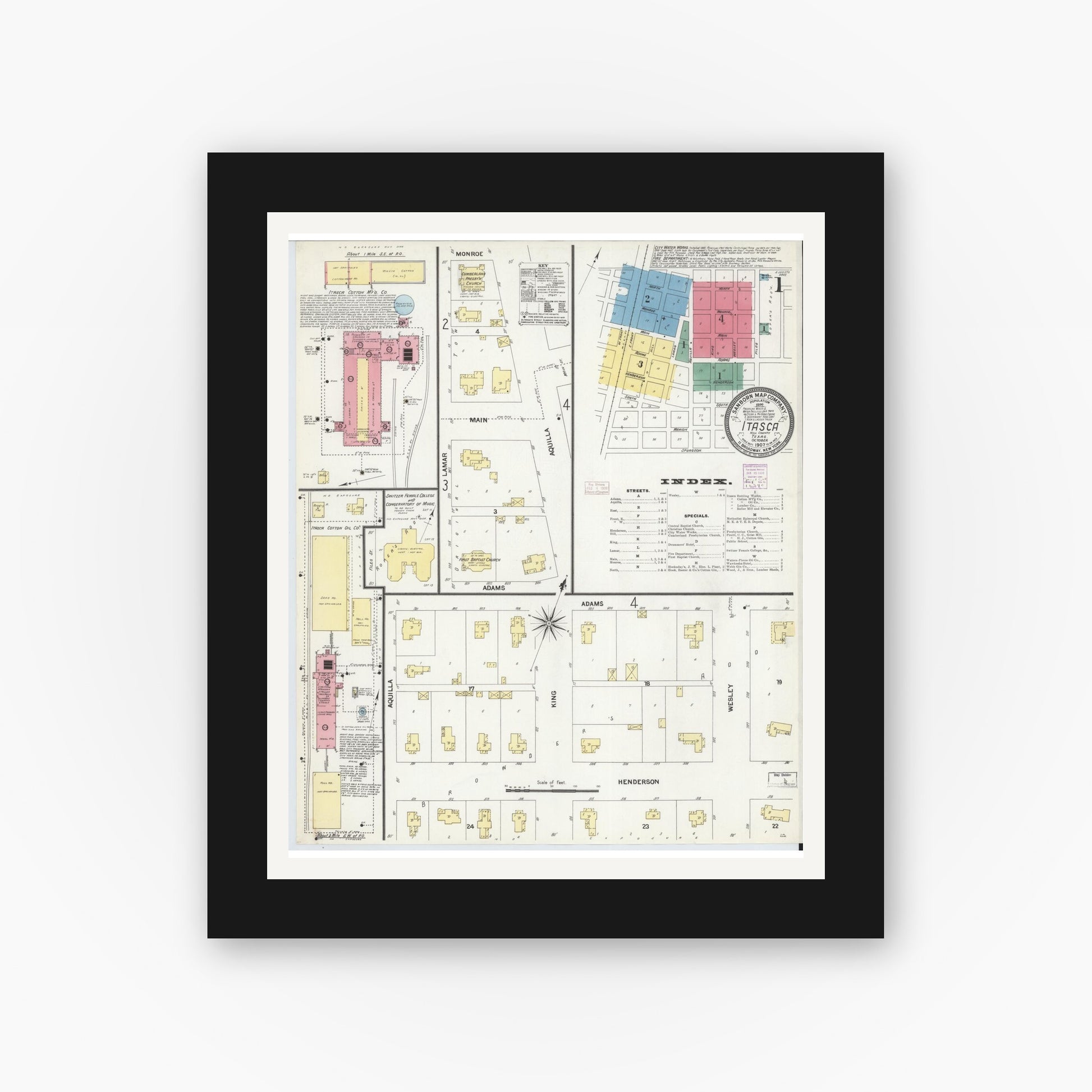 Old map wall art mockup — black gallery frame with white mat — Sanborn Fire Insurance Map from Itasca, Hill County, Texas (1907), Sheet #0001