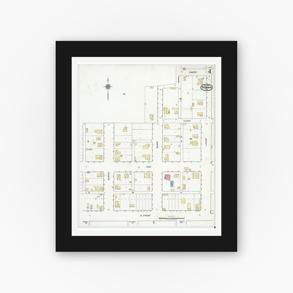 Old map wall art mockup — black gallery frame with white mat — Sanborn Fire Insurance Map from Strawn, Palo Pinto County, Texas (1920), Sheet #0004