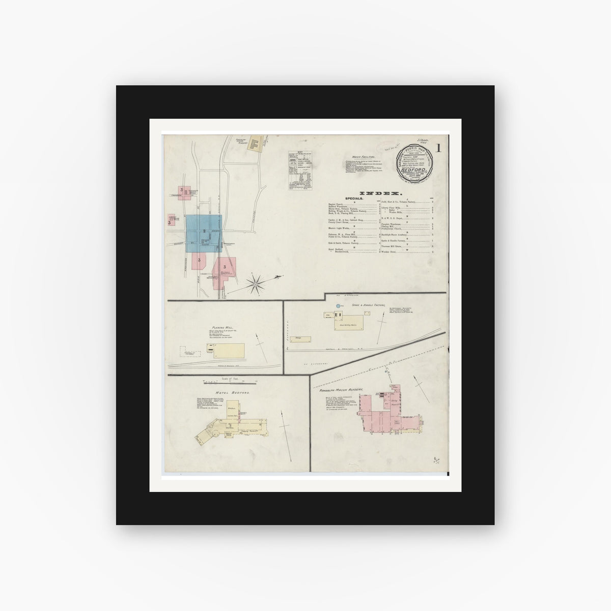 Old map wall art mockup — black gallery frame with white mat — Sanborn Fire Insurance Map from Bedford, Independent Cities, Virginia (1891) - Complete Map Set